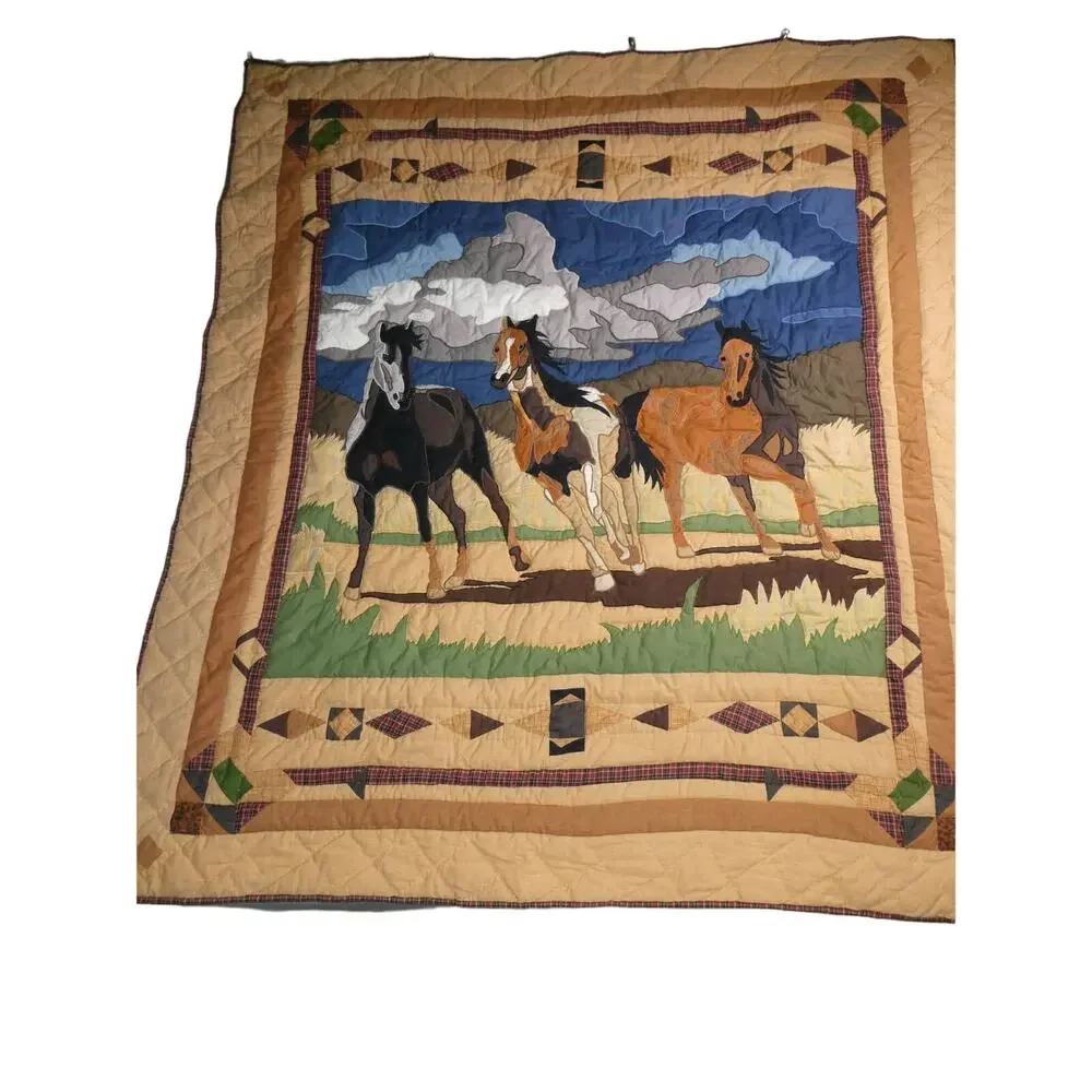 PATCH MAGIC 3 Horses Western Cotton Quilt Throw Wall Hanging 60x53